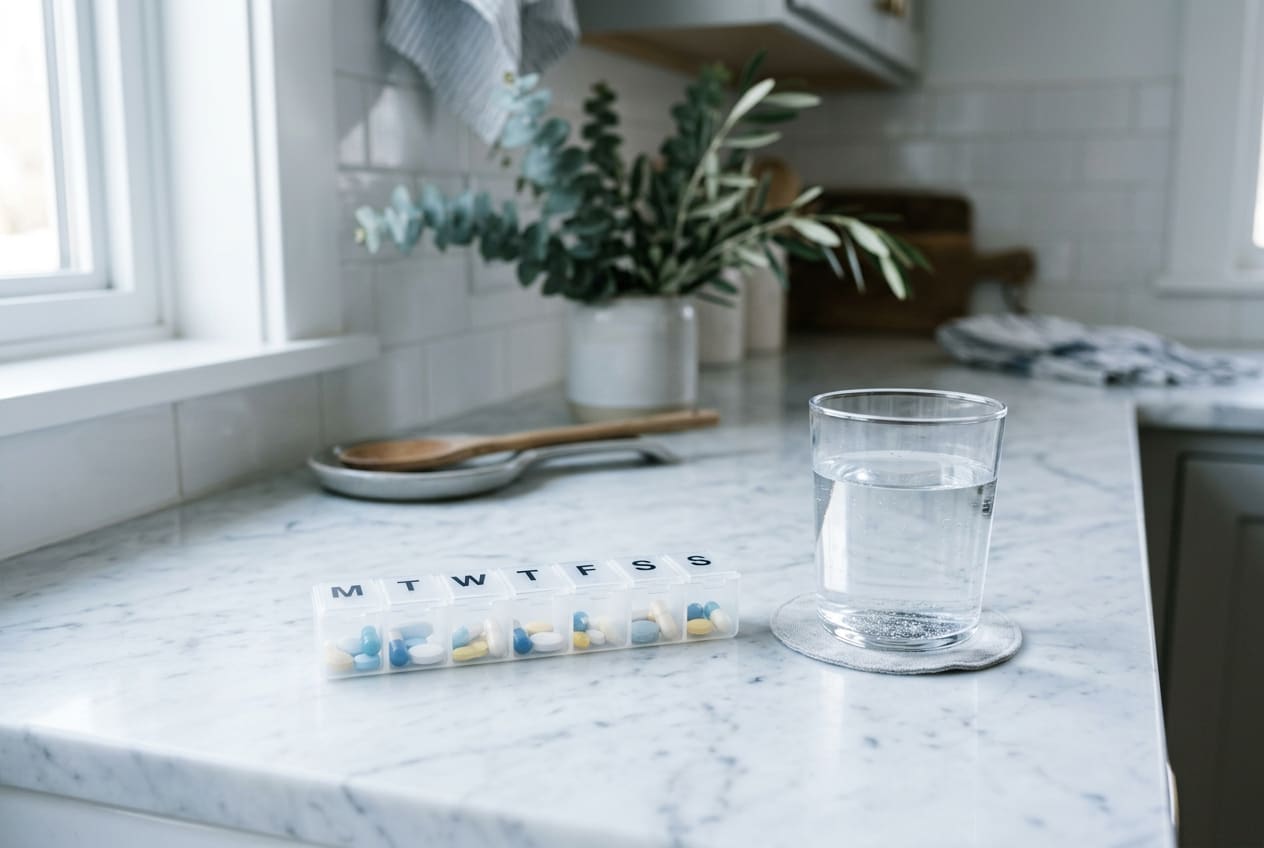 Weekly pill organiser and glass of water for medication article