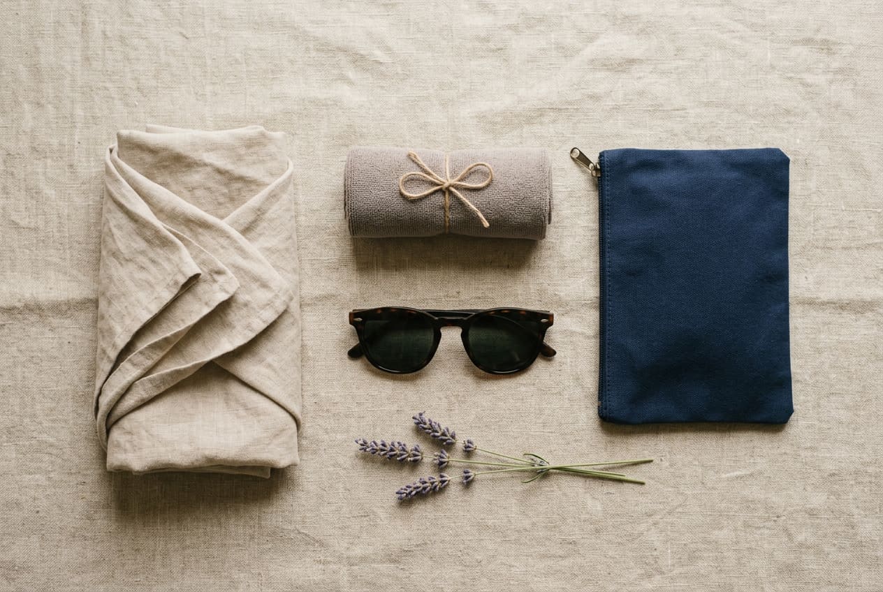 Travel health flatlay with passport and first aid kit